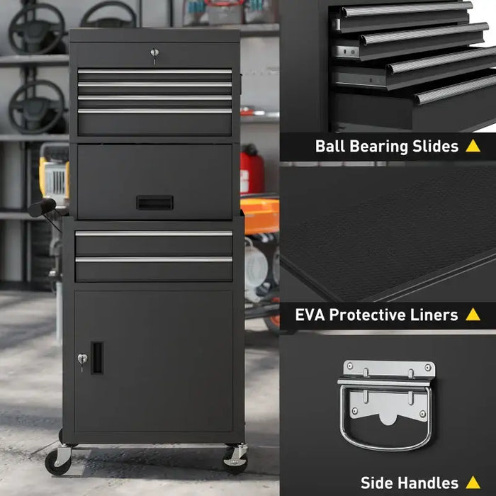 Tool Chest Cabinet – Black | 3-Part Rolling Toolbox - Drawers, Cupboards and Pegboard HOMCOM - Little and Giant Explorers HOMCOM