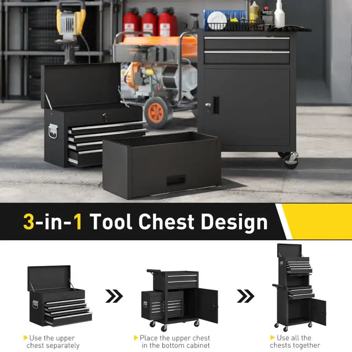 Tool Chest Cabinet – Black | 3-Part Rolling Toolbox - Drawers, Cupboards and Pegboard HOMCOM - Little and Giant Explorers HOMCOM