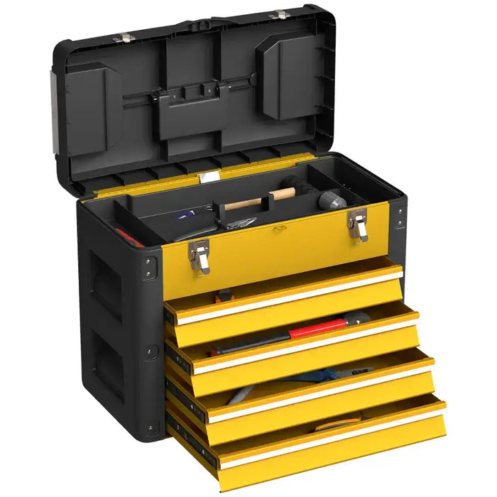 Toolbox with Drawers – Yellow | Large Metal Tool Chest - Top Tray and Mini Parts Boxes HOMCOM - Little and Giant Explorers HOMCOM