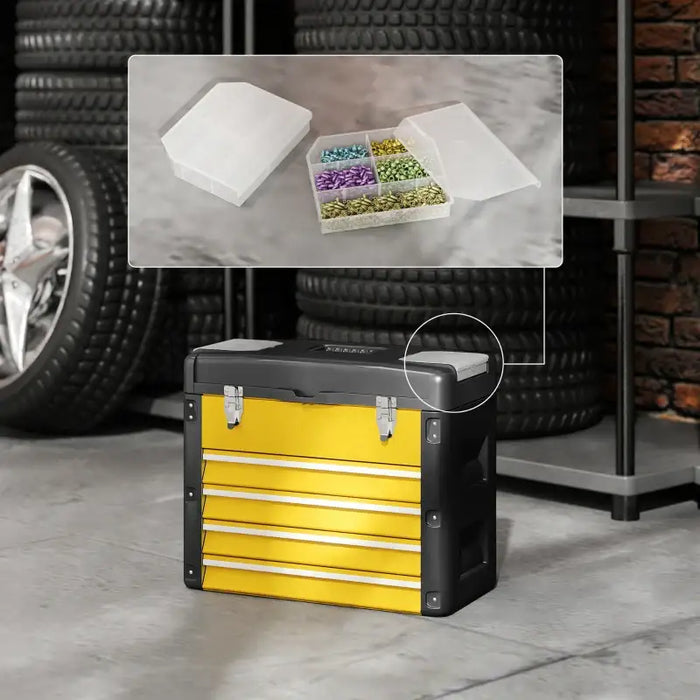 Toolbox with Drawers – Yellow | Large Metal Tool Chest - Top Tray and Mini Parts Boxes HOMCOM - Little and Giant Explorers HOMCOM