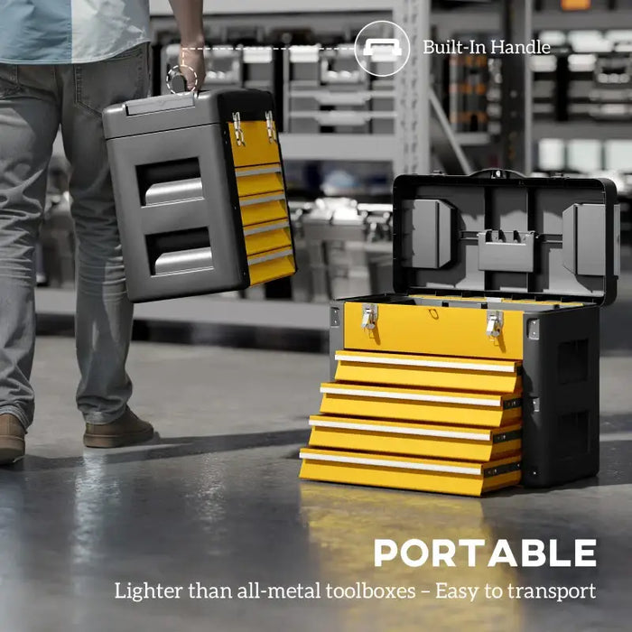 Toolbox with Drawers – Yellow | Large Metal Tool Chest - Top Tray and Mini Parts Boxes HOMCOM - Little and Giant Explorers HOMCOM