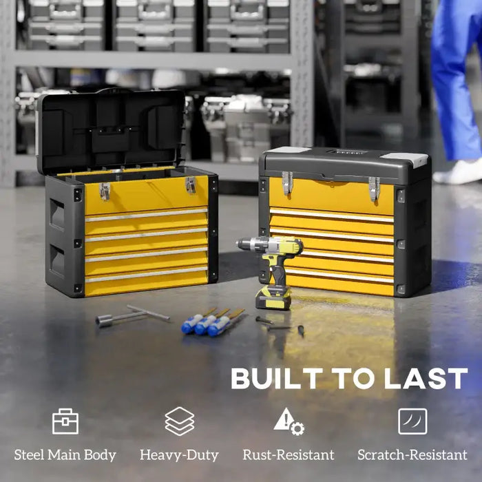 Toolbox with Drawers – Yellow | Large Metal Tool Chest - Top Tray and Mini Parts Boxes HOMCOM - Little and Giant Explorers HOMCOM
