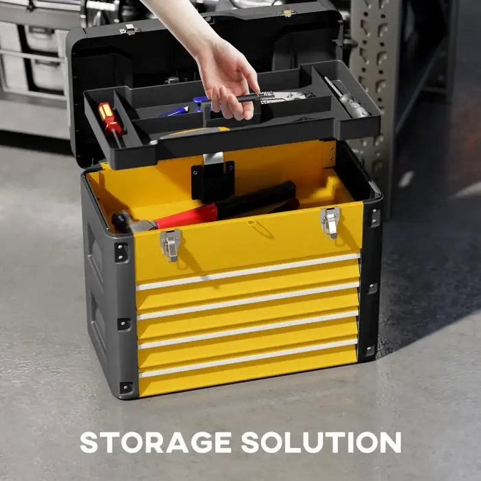 Toolbox with Drawers – Yellow | Large Metal Tool Chest - Top Tray and Mini Parts Boxes HOMCOM - Little and Giant Explorers HOMCOM