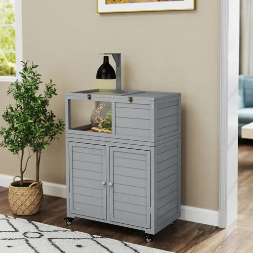 Tortoise House with Storage Cabinet – Light Grey Fir Wood | Lamp Holder PAWHUT - Little and Giant Explorers PawHut