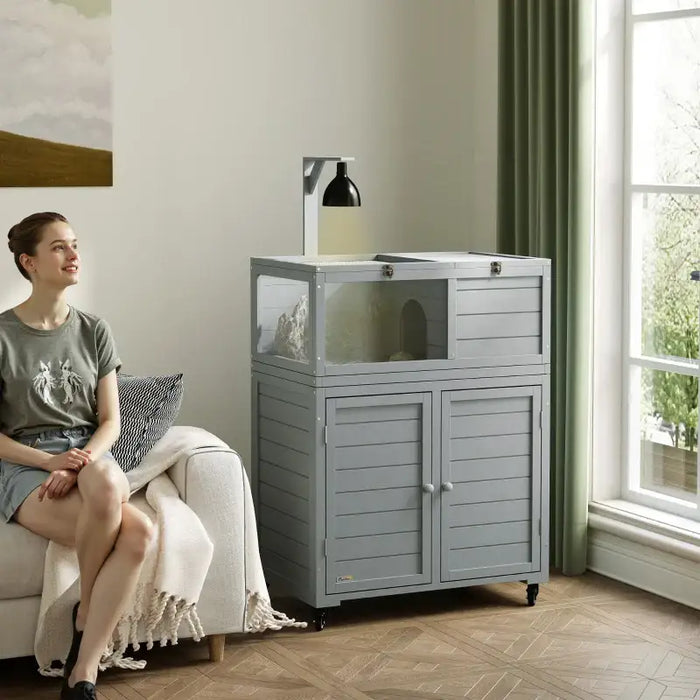 Tortoise House with Storage Cabinet – Light Grey Fir Wood | Lamp Holder PAWHUT - Little and Giant Explorers PawHut