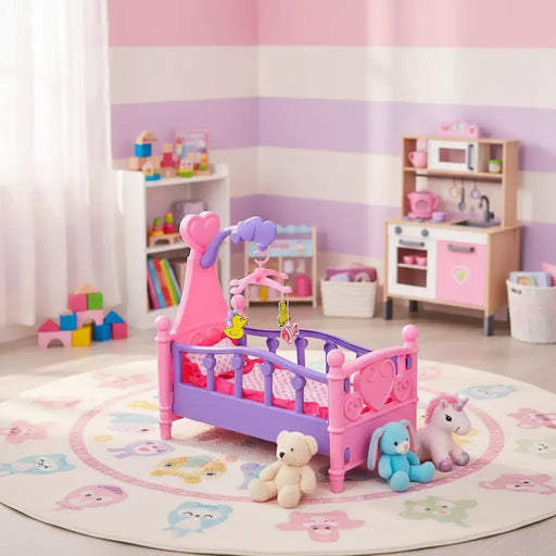 Pink and purple toy crib with plush toys in a pastel nursery playroom with striped walls