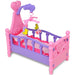 Pink and purple toy crib with heart details and animal mobile for dolls or stuffed animals