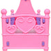 Pink plastic toy doll crib with heart designs and purple accents