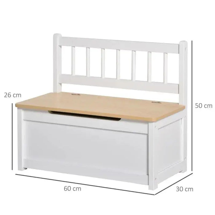White toy storage bench with backrest, wooden seat, gas hinge, and size dimensions shown.