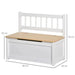 White toy storage bench with backrest, wooden seat, gas hinge, and size dimensions shown.