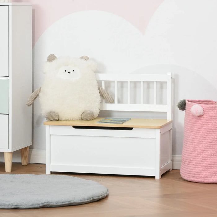White toy storage box bench with backrest, plush toy, book, and pink basket in kids room