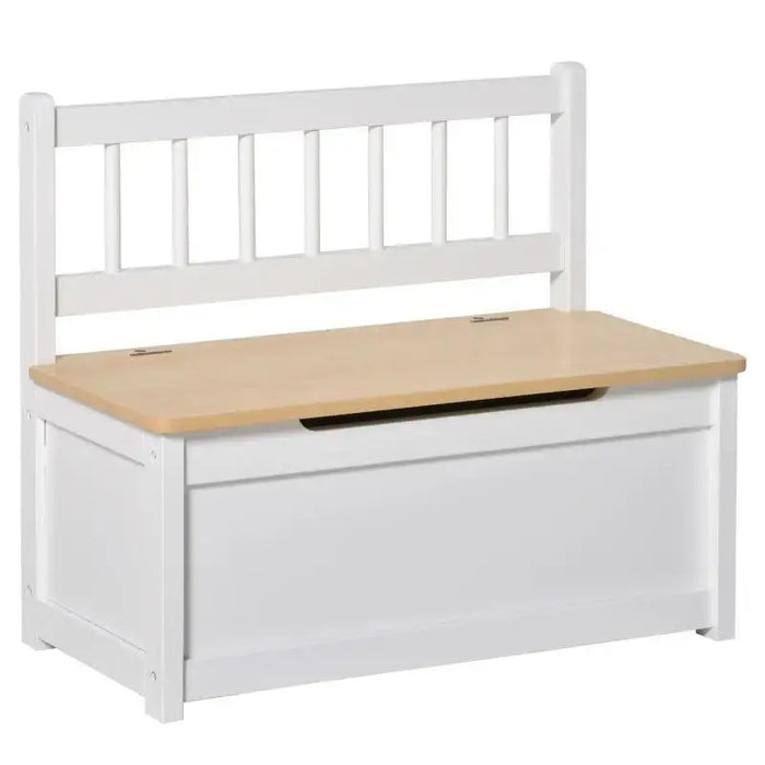 White toy storage bench with wooden seat and slatted backrest, two-in-one design