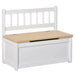 White toy storage bench with wooden seat and slatted backrest, two-in-one design