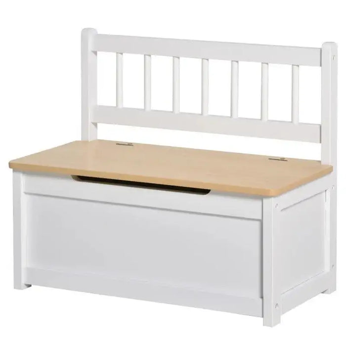 White toy storage box bench with backrest and light wood lid, two-in-one kids furniture