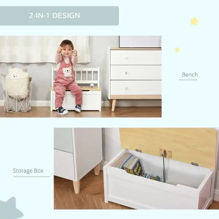 White toy storage box bench with backrest, gas hinge, and child sitting, shown as 2-in-1 design