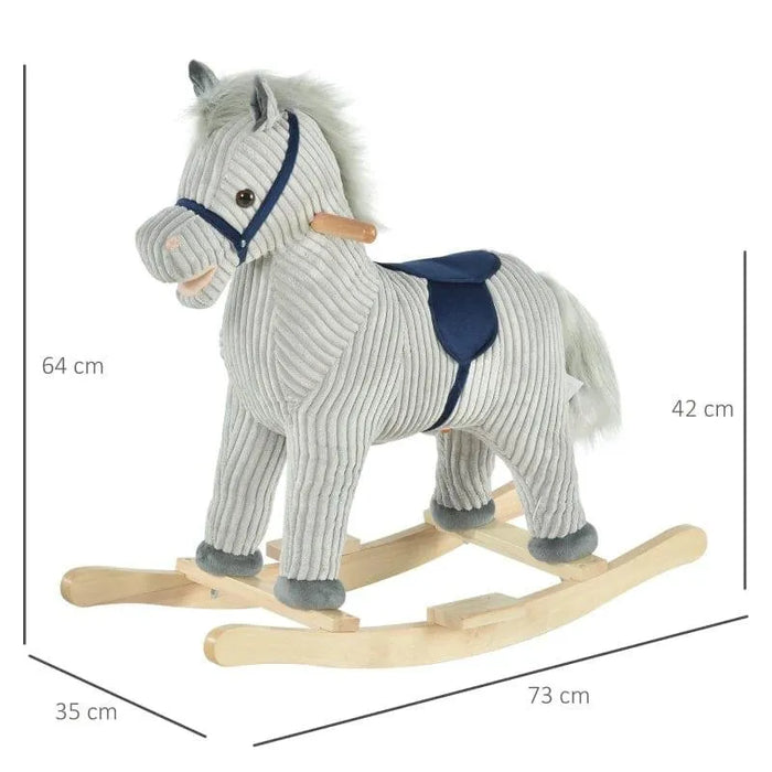 Grey and white striped plush rocking horse toy with wooden base and blue saddle, size shown