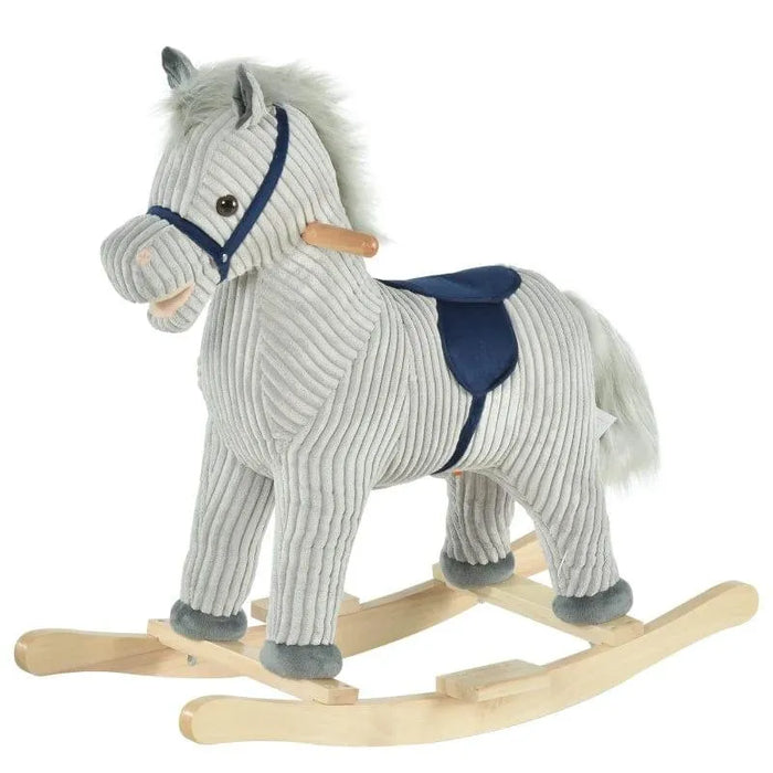 Grey and white striped plush rocking horse with wooden base and blue saddle