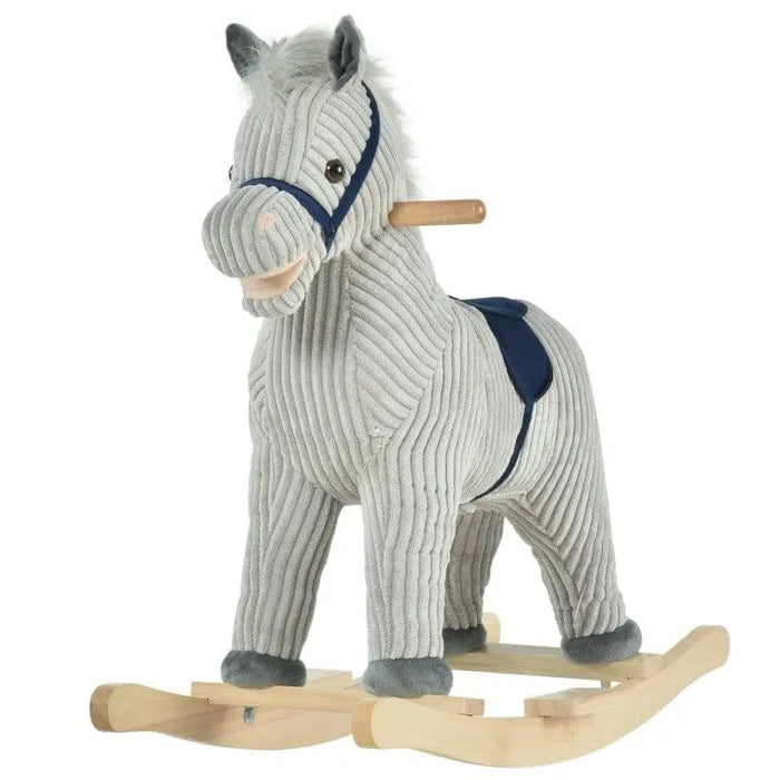 Grey and white striped plush rocking horse with wooden handles and blue harness
