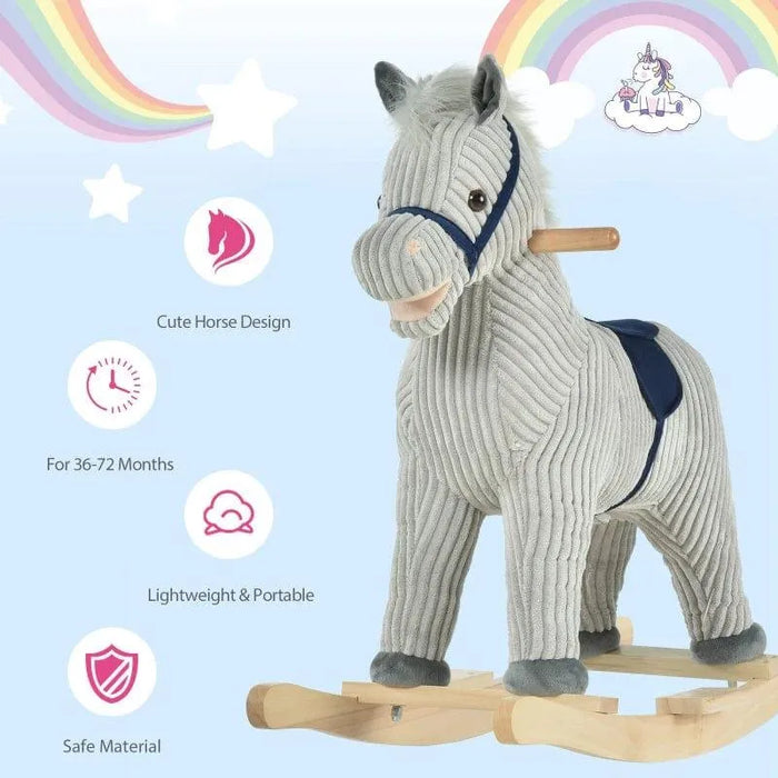 Grey and white striped plush rocking horse for toddlers, rainbow and stars background