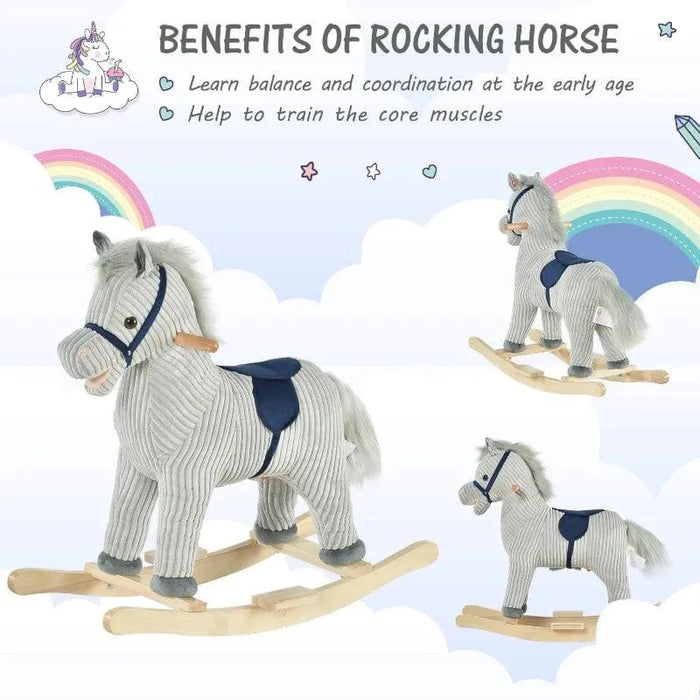 Grey and white striped plush rocking horse with wooden base, blue saddle, and rainbow background.