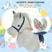 Grey and white striped plush rocking horse toy with wooden handles and authentic sound feature