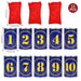 Traditional tin can alley game with 10 numbered blue cans and 3 red beanbags on white background
