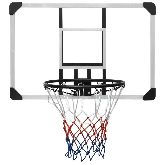 Transparent wall-mounted polycarbonate basketball backboard with steel rim and red, white, blue net