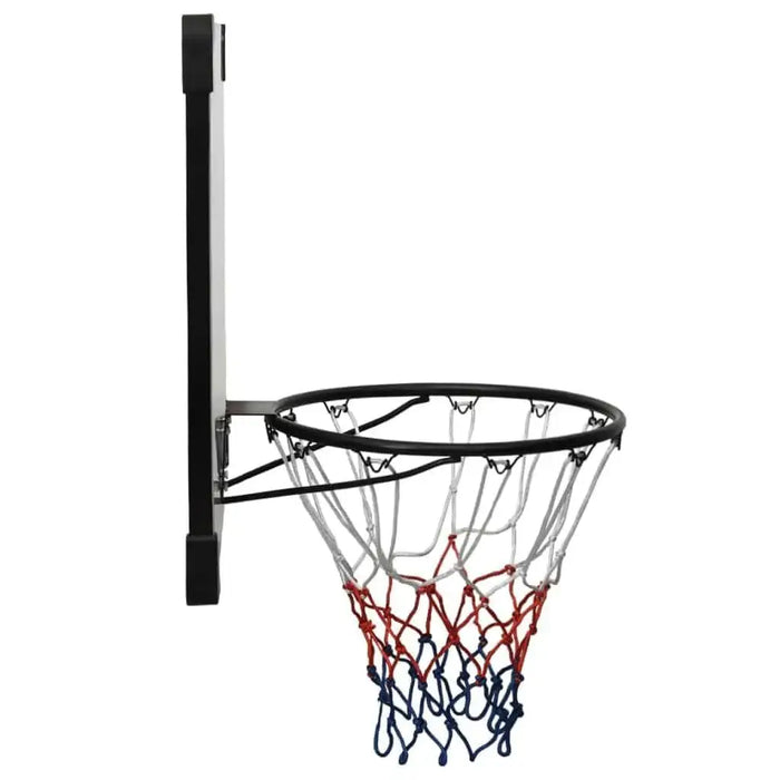 Wall-mounted basketball hoop with black steel rim and red, white, blue net.