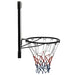 Wall-mounted basketball hoop with black steel rim and red, white, blue net.