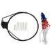 Steel basketball hoop with red, white, and blue net, screws, anchors, washers, and wrench set