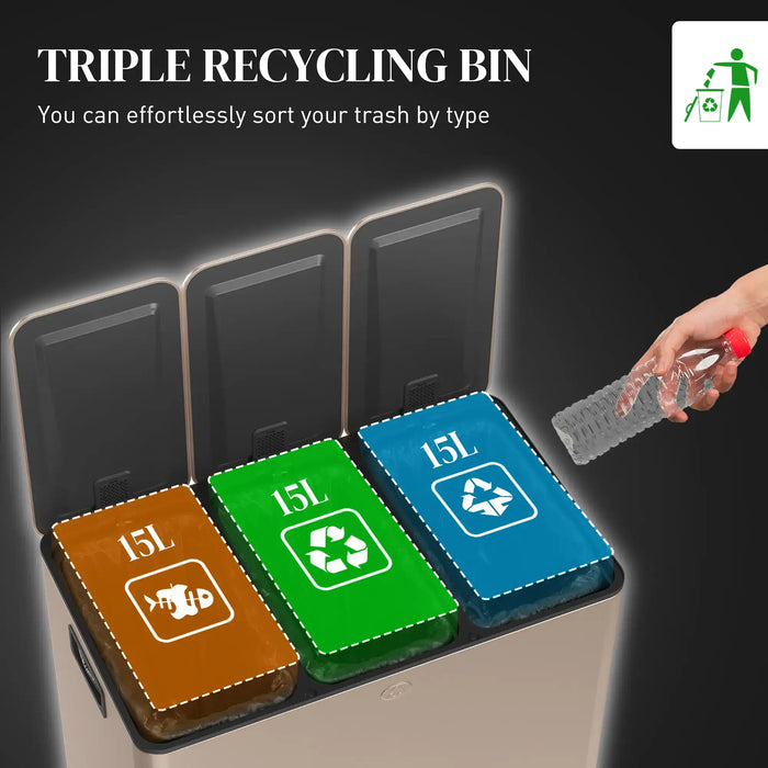 Triple recycling bin with labels for different waste types on a dark background