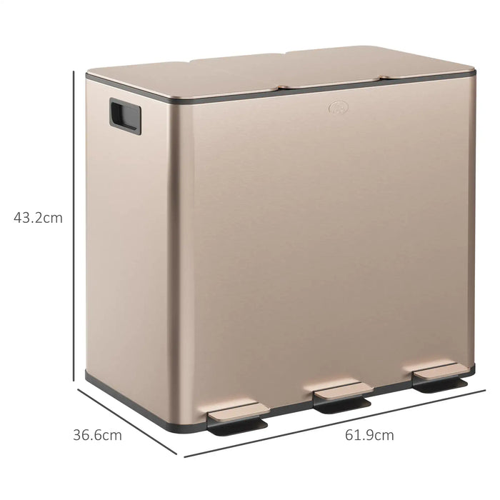 Beige trash bin with dimensions labeled on a white background