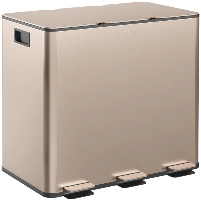Beige trash bin with black accents on a white background