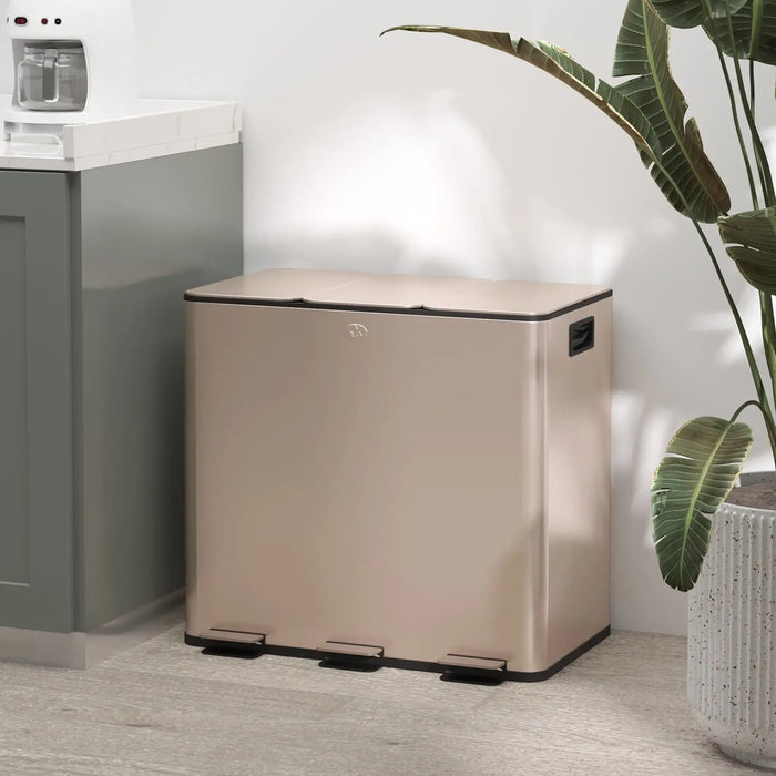 Beige trash bin in a room with a plant and cabinet