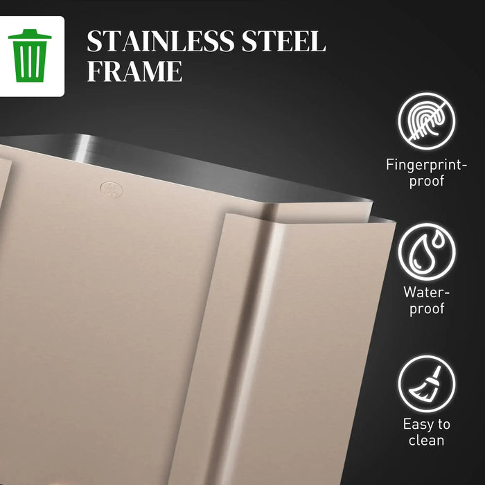 Beige product with stainless steel frame features on a black background