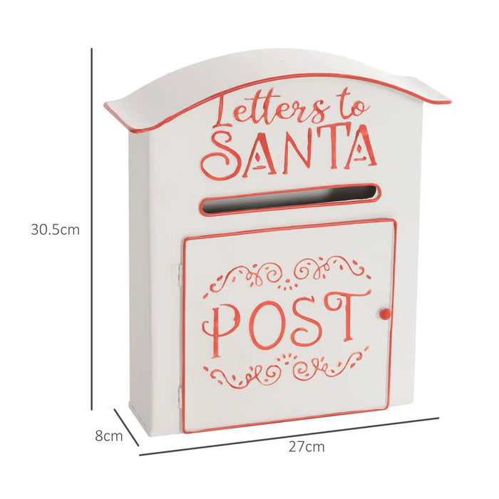White and red metal mailbox for letters to Santa with post door and decorative lettering