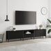 Modern black engineered wood TV cabinet with metal frame and doors in stylish living room setup