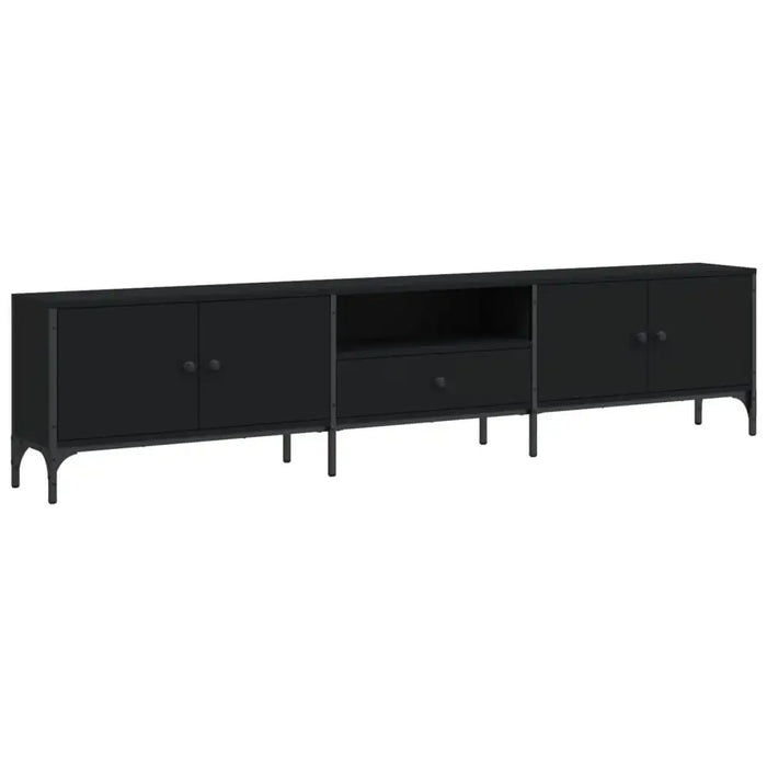 Black engineered wood TV cabinet with metal frame, two double-door cabinets and central drawer