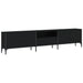 Black engineered wood TV cabinet with metal frame, two double-door cabinets and central drawer