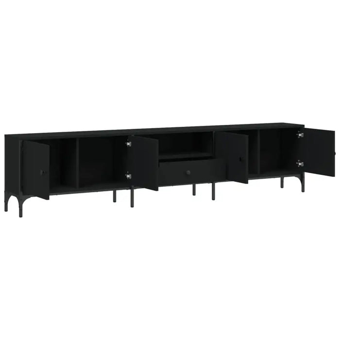 Black engineered wood TV cabinet with metal frame, open doors, shelving and central drawer