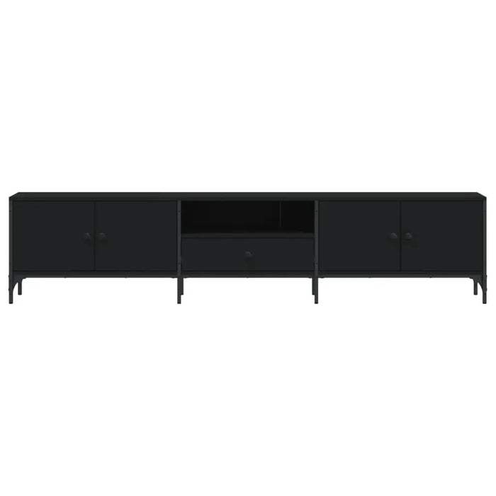 Black engineered wood TV cabinet with metal frame, two door cabinets and central drawer
