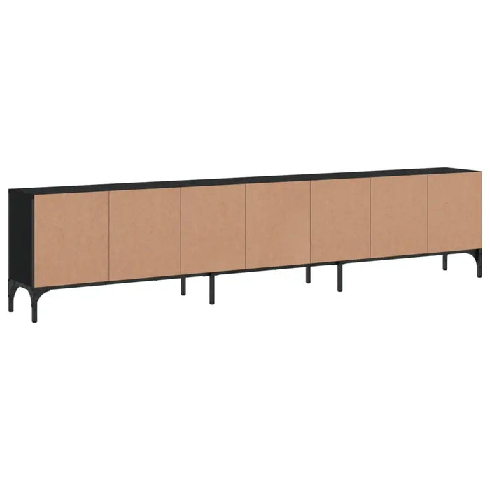 Long black metal-framed TV cabinet with six light brown engineered wood doors