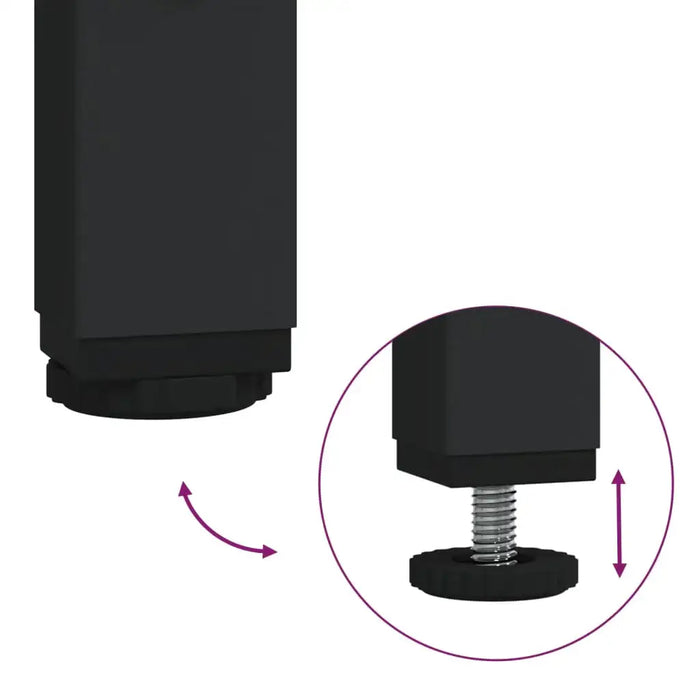 Black TV cabinet leg with adjustable screw feet for height leveling, close-up detail