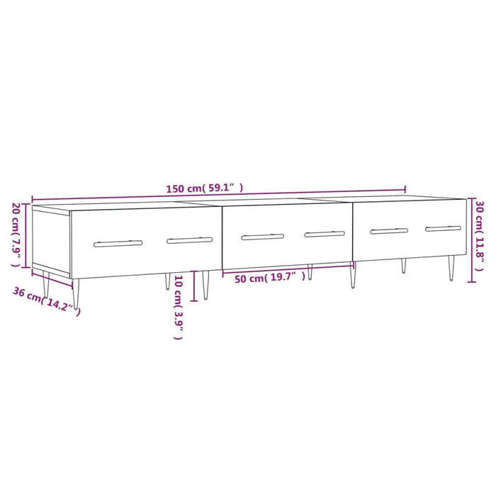 Technical drawing of a low storage cabinet with three compartments, dimensions in cm and inches shown