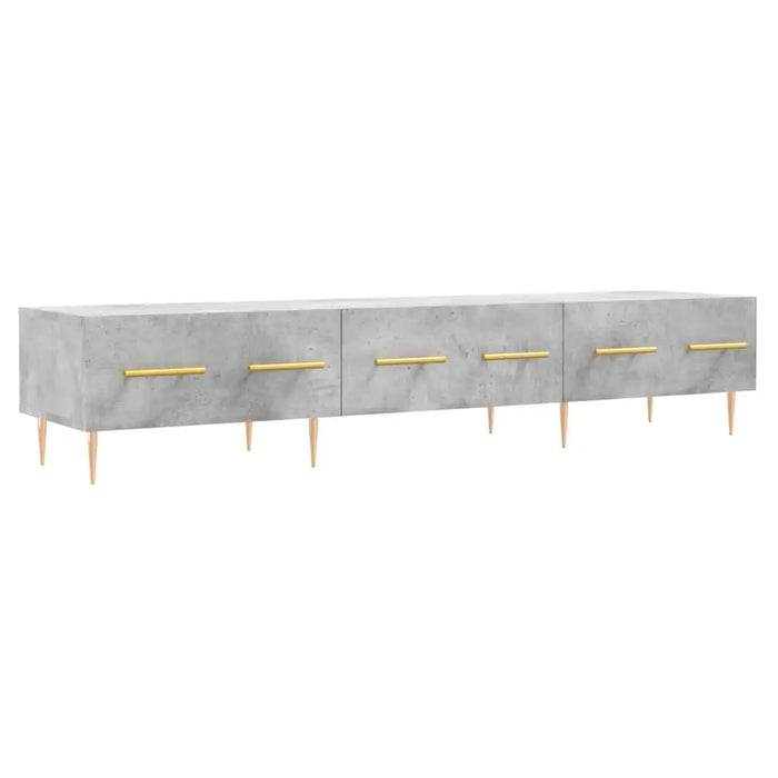 Modern concrete grey TV stand with gold handles and wooden tapered legs