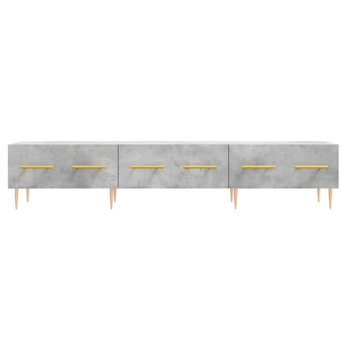 Modern concrete-finish low storage cabinet with yellow handles and wooden legs