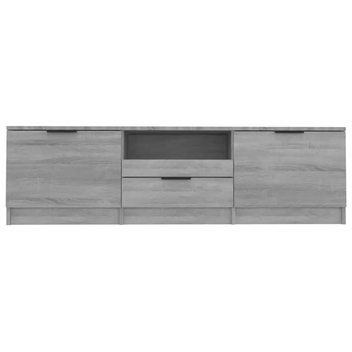 Modern wooden TV stand with two cabinets, open shelf, and central drawer in light oak finish