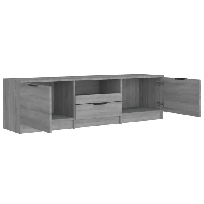 Wooden grey TV stand with two open side cabinets and two center drawers for storage