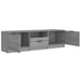 Wooden grey TV stand with two open side cabinets and two center drawers for storage