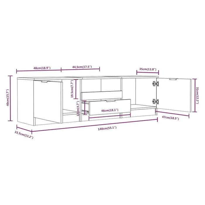 Technical drawing of a cabinet with detailed measurements in cm and inches for each section and drawer